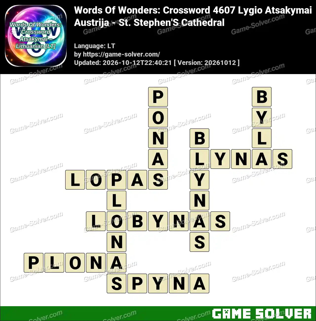 Words Of Wonders: Crossword 4607 Lygio Atsakymai – Austrija – St. Stephen’S Cathedral